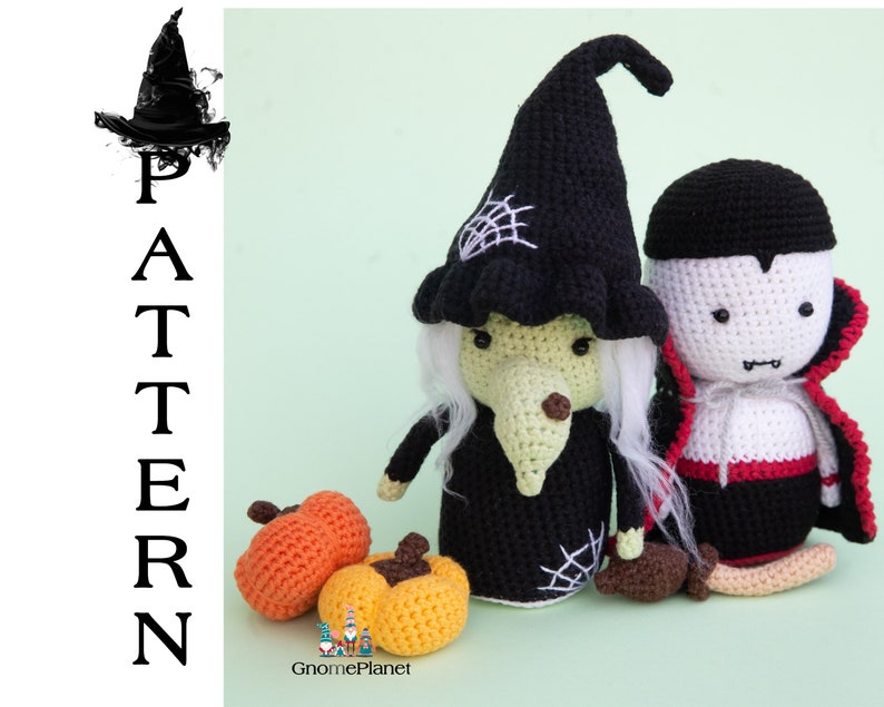 May include: Crochet amigurumi pattern for a witch and a vampire. The witch is wearing a black hat with a spiderweb design and a black dress. The vampire is wearing a red cape and has fangs. Both figures are holding pumpkins.