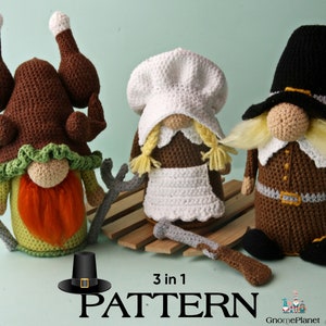Crochet Thanksgiving gnome set 3 in 1, amigurumi fall gnomes