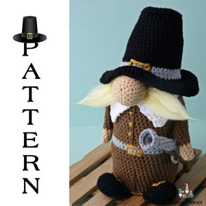 Crochet pilgrim gnome pattern, amigurumi Thanksgiving gnome tutorial