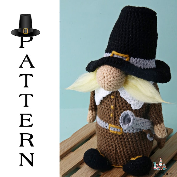 Modèle de gnome de pèlerin au crochet, tutoriel de gnome de Thanksgiving amigurumi