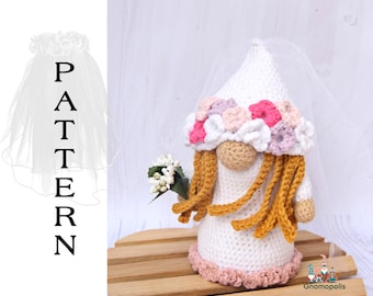 Crochet Bride gnome pattern, amigurumi wedding gnome tutorial