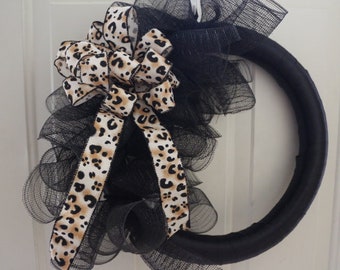 Cheetah Halloween Mesh Wreath with Black and Silver Decorations