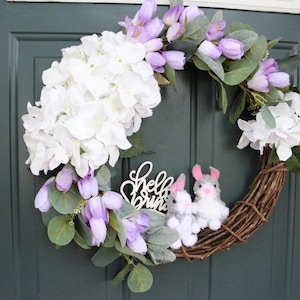 Easter Hydrangea Grapevine Wreath with Tulips, Lamb&#39;s Ears, and Pom Pom Rabbits