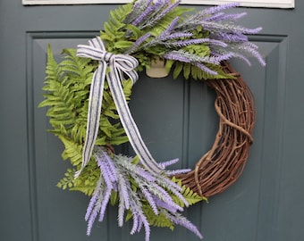 Lavender Grapevine Wreath with Fern Greenery