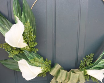 Summer Wedding Mother's Day Gold Hoop Wreath with Calla Lilies