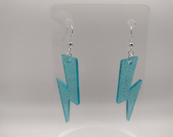 Blue Holographic Glitter Lightening Bolt Earrings