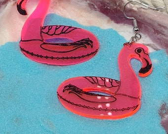 Pink Flamingo Pool Float Acrylic Earrings