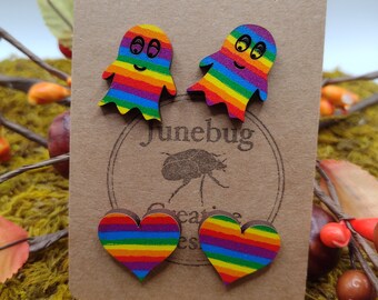 Rainbow Ghost and Heart Stud Earrings