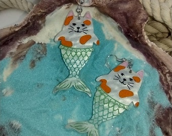 Purrmaid with Orange Spots Acrylic Earrings