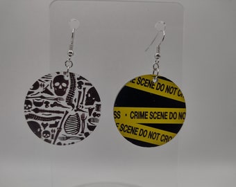 Laser Cut Acrylic Crime Scene Tape and Bone Earrings