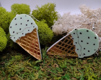 Laser Cut Acrylic Mint Chocolate Chip Ice Cream Cone Earrings