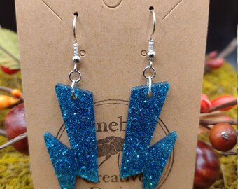 Blue Glitter Lightening Bolt Earrings