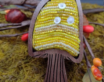 Yellow Bead Embroidered Mushroom Brooch in Walnut Frame