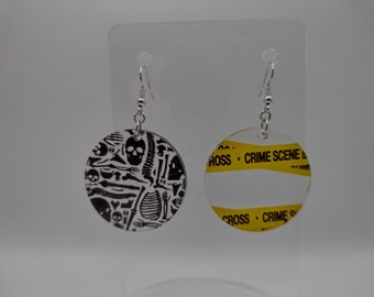 Laser Cut Acrylic Crime Scene Tape and Bone Earrings