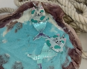 Purrmaid with Blue Spots Acrylic Earrings