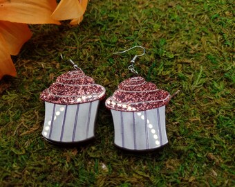 Laser Cut Pink and Silver Cupcake Earrings