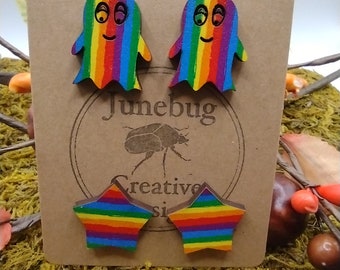Rainbow Ghost and Star Earrings Studs