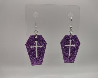 Laser Cut Acrylic Glitter Coffin with Cross Earrings
