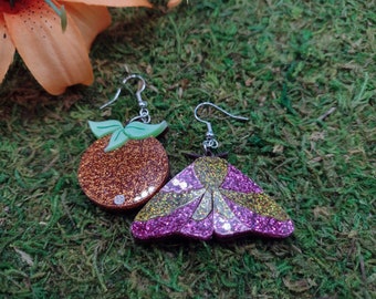 Laser Cut Acrylic Orange and Rosy Maple Moth Earrings
