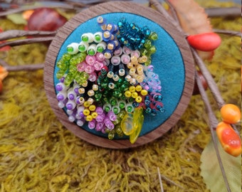 Bead Embroidered Coral Reef Brooch with Wooden Frame