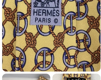 Cravate Hermès 670 OA jaune motif "Corde" 100% Soie cravate peu usée