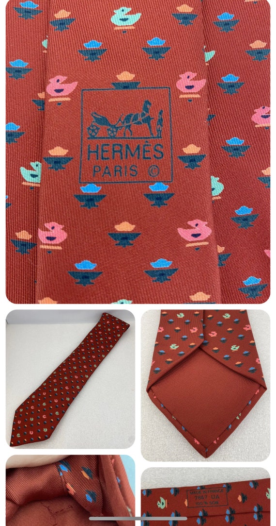 Hermes Tie 7867 UA red color "Ducks" pattern 100%… - image 1