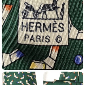 Hermes 5004 EA Dark Green Colorful Boomerang Pattern Silk Tie New in box