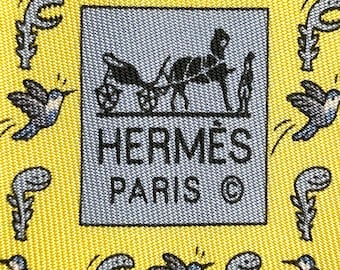 HERMES 605895 SA Yellow “Bird” 100% Silk tie new in box without tags