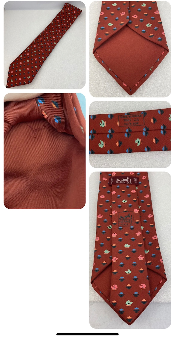Hermes Tie 7867 UA red color "Ducks" pattern 100%… - image 2