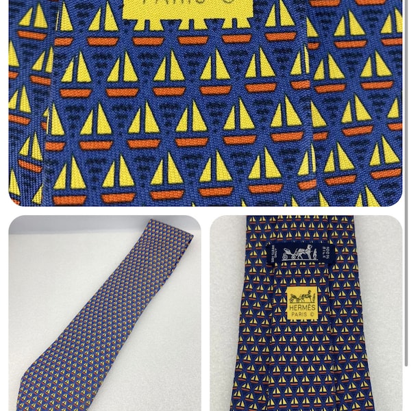 Hermes Tie 7841 UA blue color "Sail boats" pattern 100% new with tiny defect