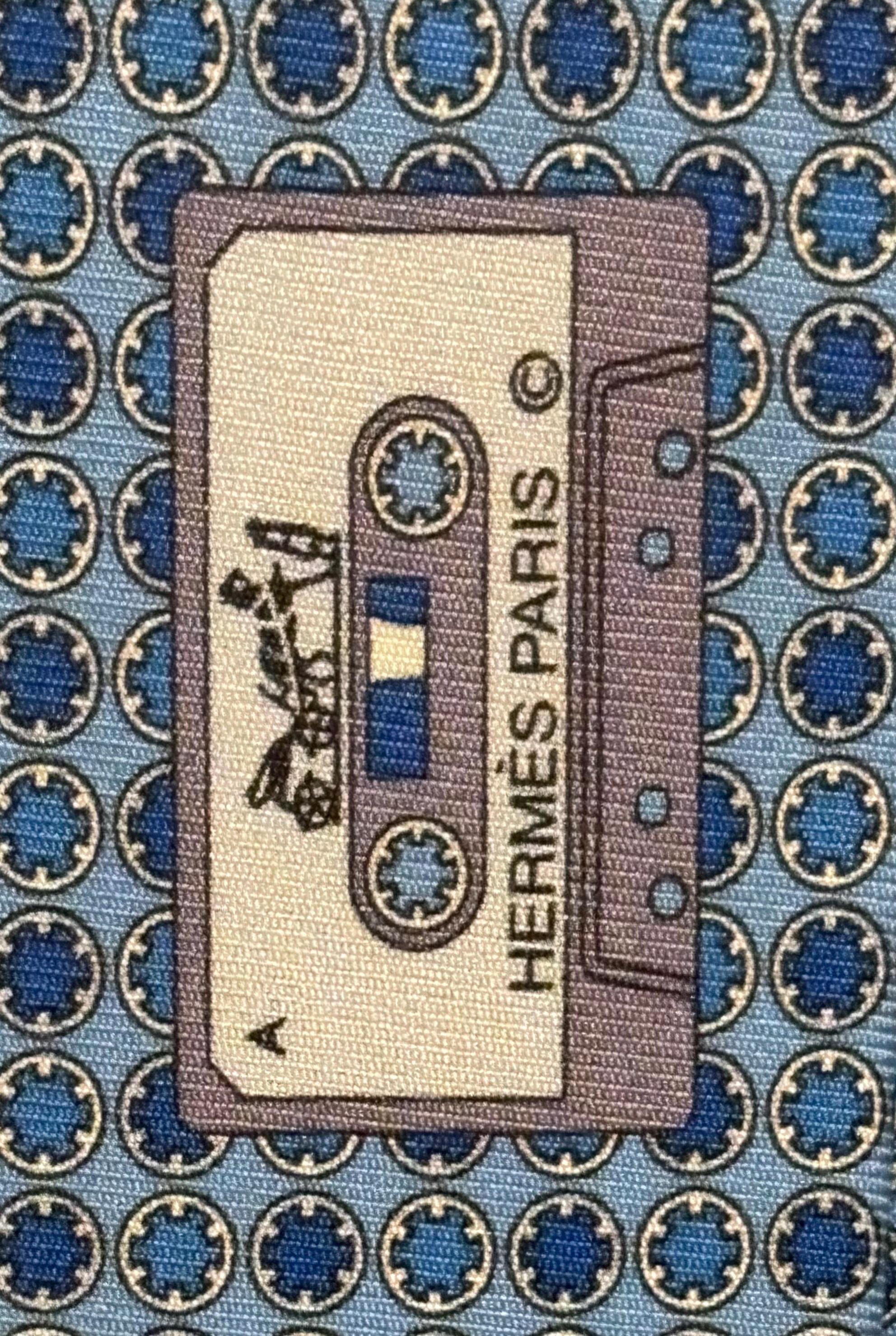 HERMES 645870 SA Blue “cassette Tape” 100% Silk Tie New in Box