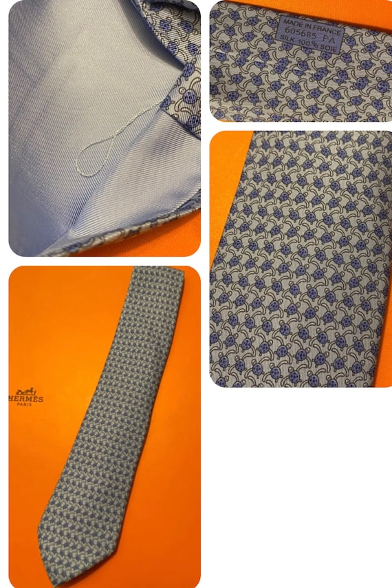 Cravate HERMÈS En Soie 100% - Motif Géométrique Bleu Et Blanc, Fabriquée En France