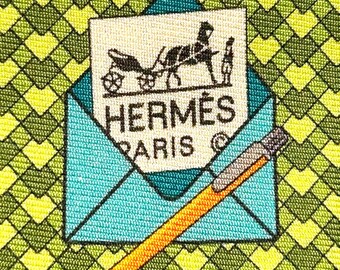 HERMES 645793 HA Lime Green “Letter” 100% Silk tie new in box without tags