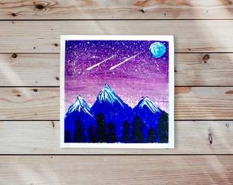 Illustratie Kaart gemaakt handen berg en sterrenhemel - Pastels - Bergkunst - Kunst van de nacht - Kunst van de hemel - Kunst van de sterren