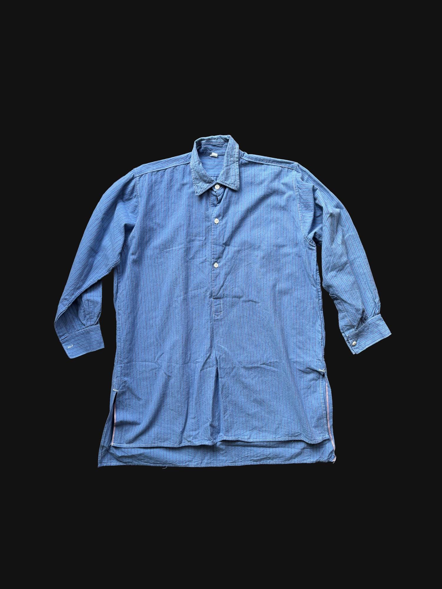Vintage Grandpa Shirt Selvedge Cotton France 1920 French Workwear Long Dress Farmer Worker Hand Made