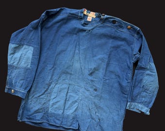 Vintage Indigo Hemd Ausgebessert Fade Holland 1940er Jahre Arbeiter