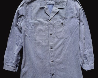 Vintage arbetsjacka överskjorta arbetsarbetare Frankrike 1960-talet Cheminot-randig blå bomull ny gammaldags skjorta