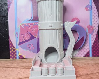 May include: A white 3D printed dice tower with a wooden design. The tower has a cylindrical shape with a hole at the top for dice to fall through. The base of the tower has three small compartments for dice.