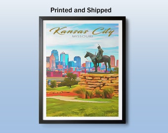 Kansas City Missouri Wall Art Print, Kansas City Mo Cityscape Travel Poster, The Scout American Indian Statue, Kansas City Gift, KC Chiefs