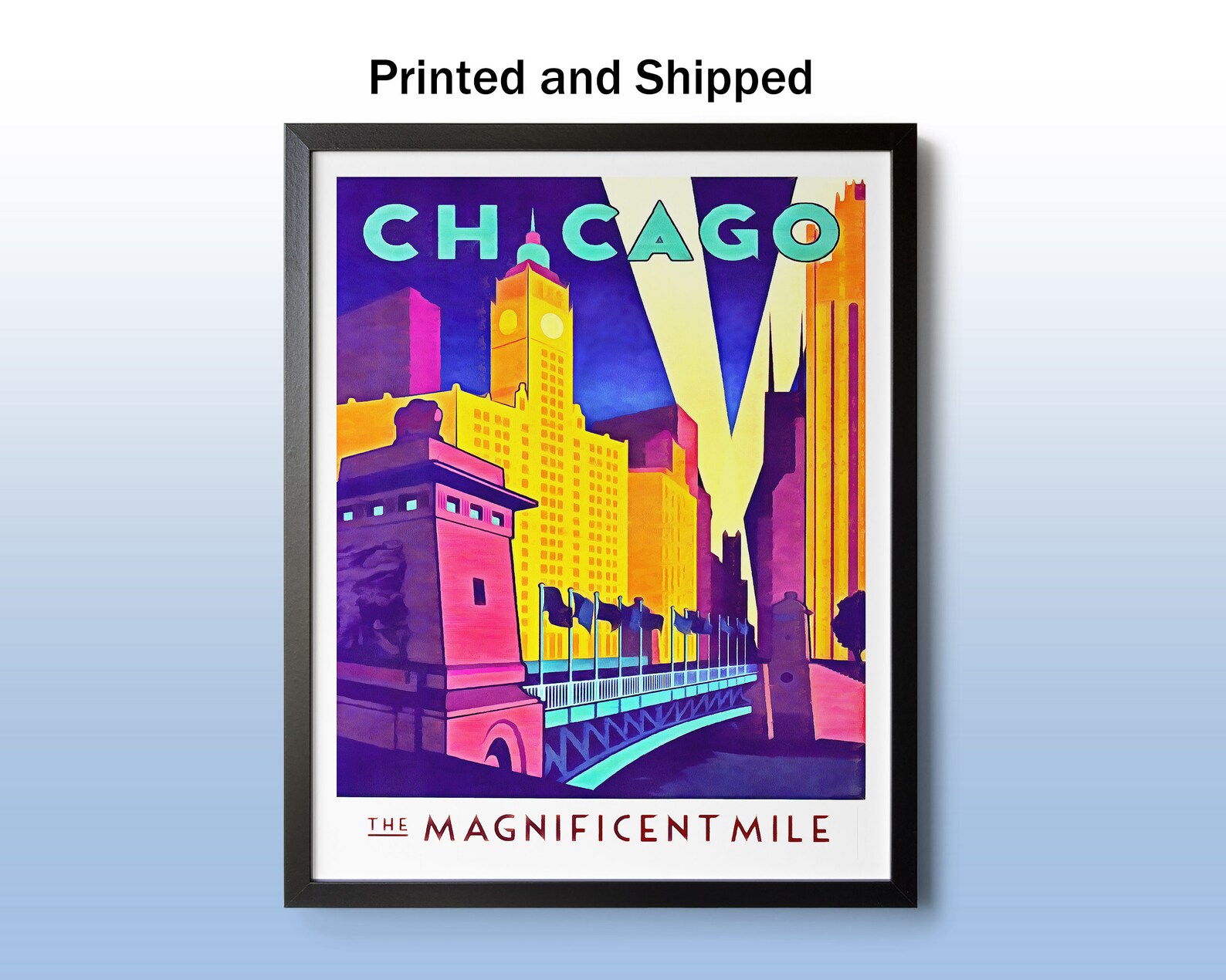 Chicago Wall Art, Chicago Travel Poster, Magnificent Mile, Beaux Arts Wrigley Building, Chicago