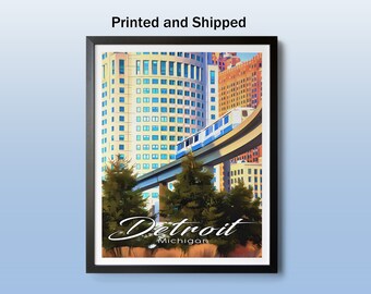 Detroit Michigan Travel Poster Wall Art, Detroit MI Gift, Michigan Vacation Décor, Motor City Print, US Destination, Detroit Cityscape, Map