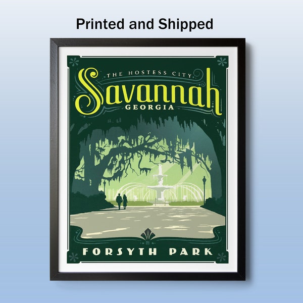 Savannah GA, Forsyth Park, Savannah Art Print, Savannah Wall Art, Georgia Art, Savannah Print, Retro Travel, Savannah, Georgia, Live Oaks