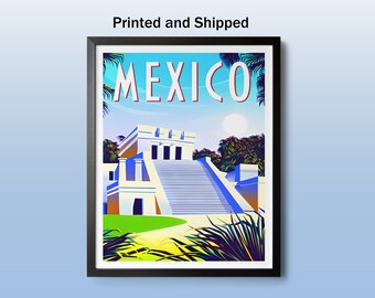 Mexico Wall Art, Mexican Travel Poster, Mayan Temple, Latin American Poster, Mexico City, Latino Hispanic Art, Aztec Poster, Mayan Print