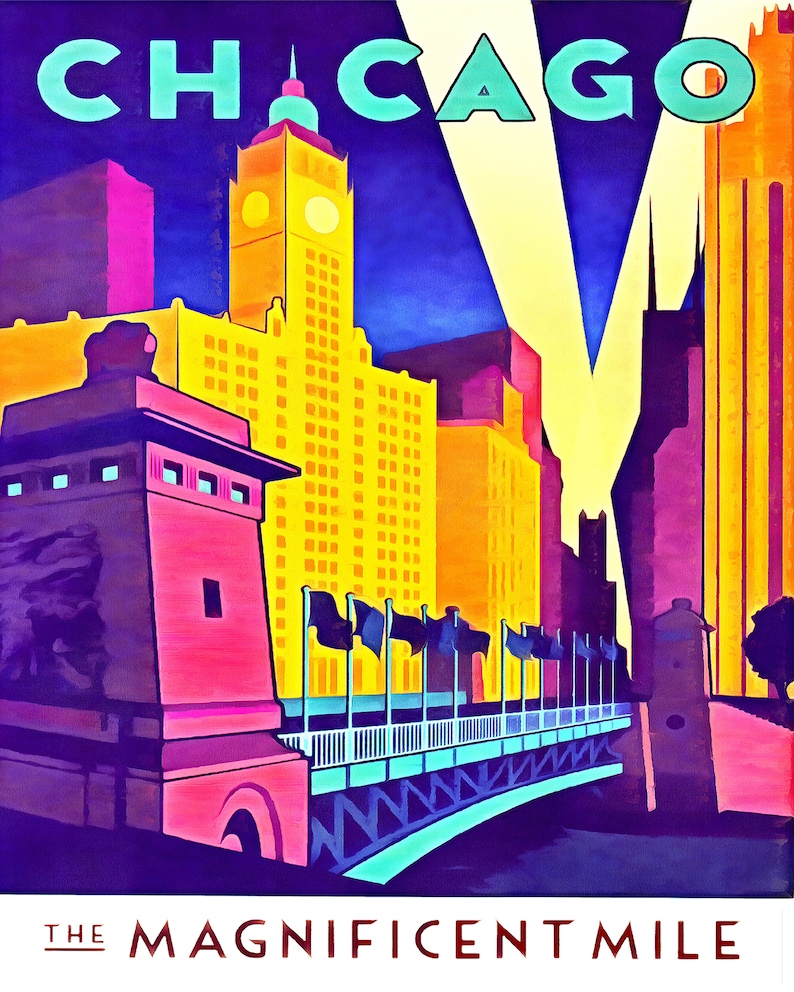Chicago Wall Art, Chicago Travel Poster, Magnificent Mile, Beaux Arts Wrigley Building, Chicago