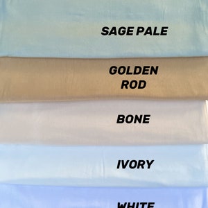 May include: Five fabric swatches in different shades of blue and beige. The swatches are labeled from top to bottom: Sage Pale, Golden Rod, Bone, Ivory, and White.