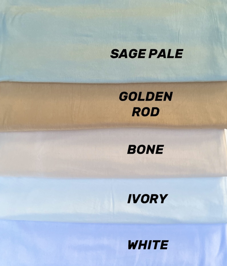 May include: Five fabric swatches in different shades of blue and beige. The swatches are labeled from top to bottom: Sage Pale, Golden Rod, Bone, Ivory, and White.