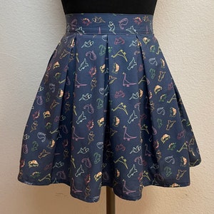 Handmade Skirt with POCKETS! Printed Pleated High Waisted Skater Skirt Made with Navy Dinosaur Fabric