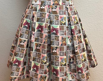 Handmade Skirt with POCKETS! Printed Pleated High Waisted Skater Skirt Made with Cat Sayings Grid Fabric