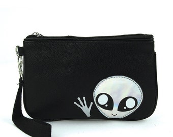 Black Vinyl Wristlet with Silver Alien