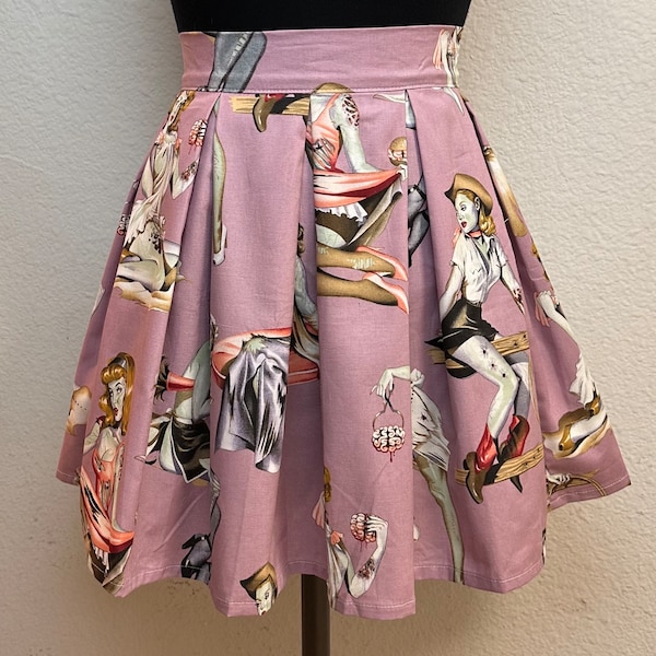 Handmade Skirt with POCKETS! Printed Pleated High Waisted Skater Skirt Made with Halloween Pinup Zombie Girls Fabric